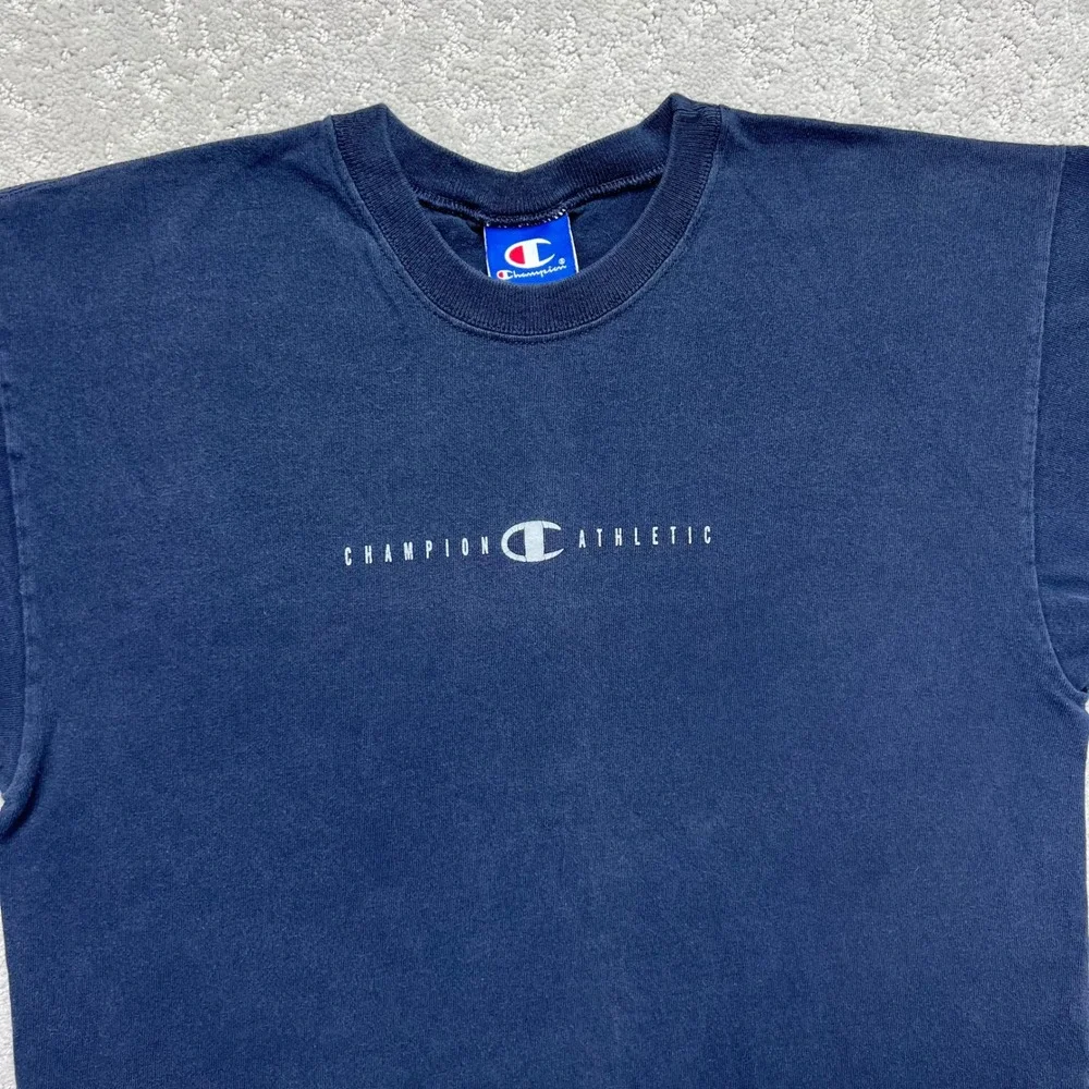 VINTAGE Y2k Champion Athletic T-Shirt Mens Medium Navy Blue Cotton Short Sleeve - Picture 2 of 10